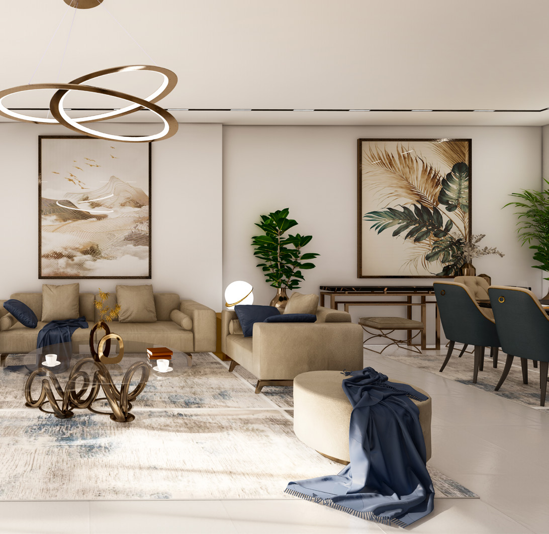 Living and dining interior of a Marsa Al Arab residence