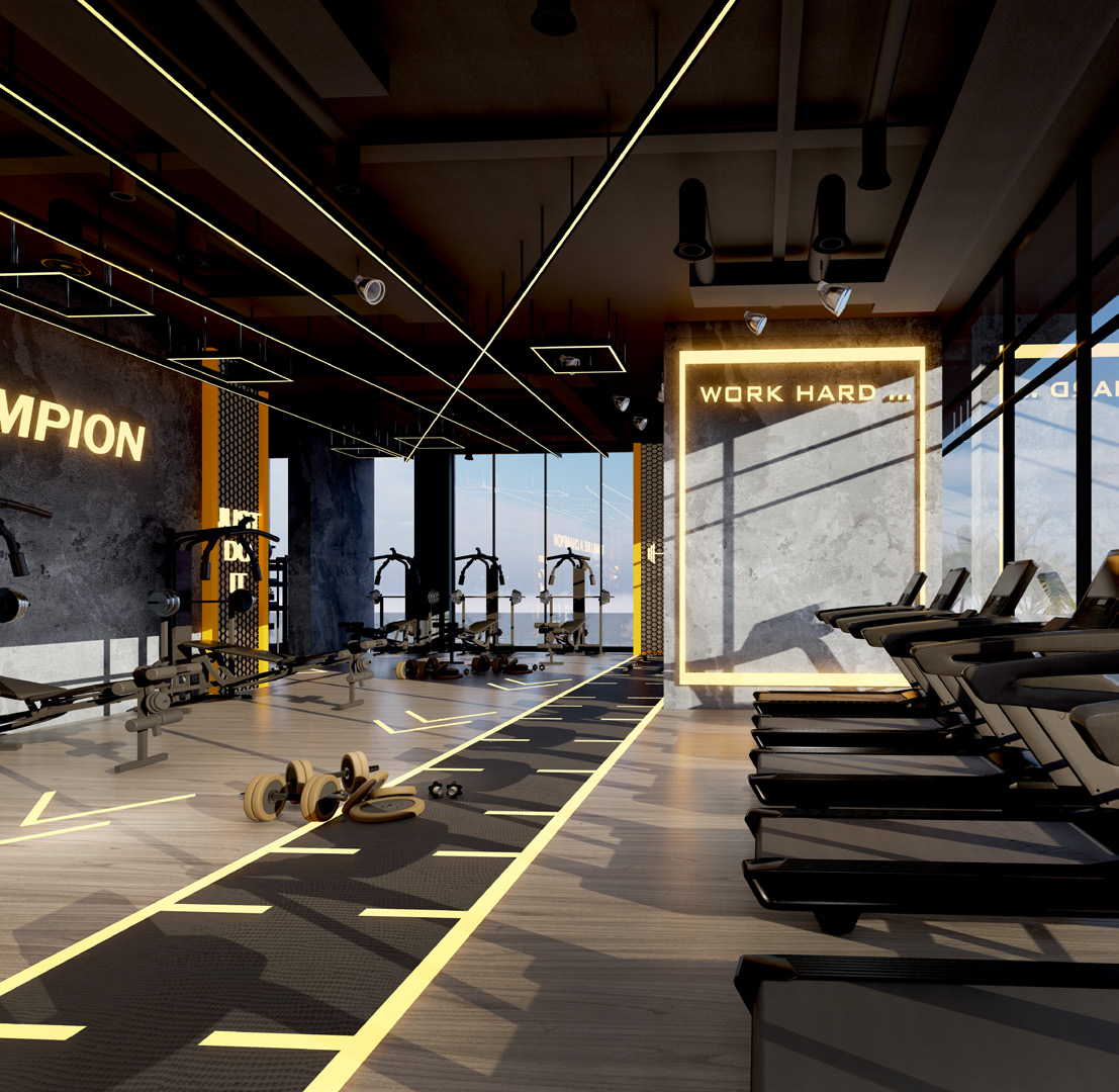 Residents' health club with treadmills and free weights