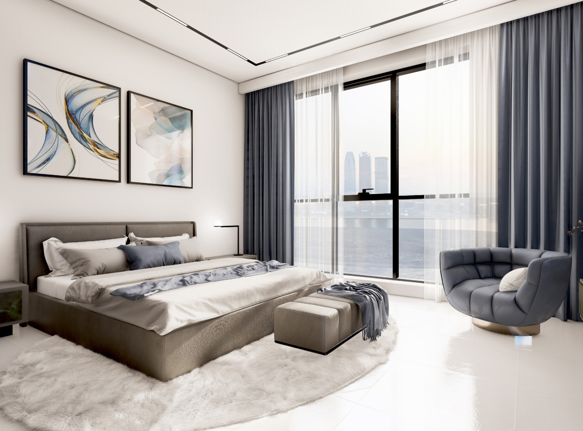 Master bedroom with floor-to-ceiling lagoon views