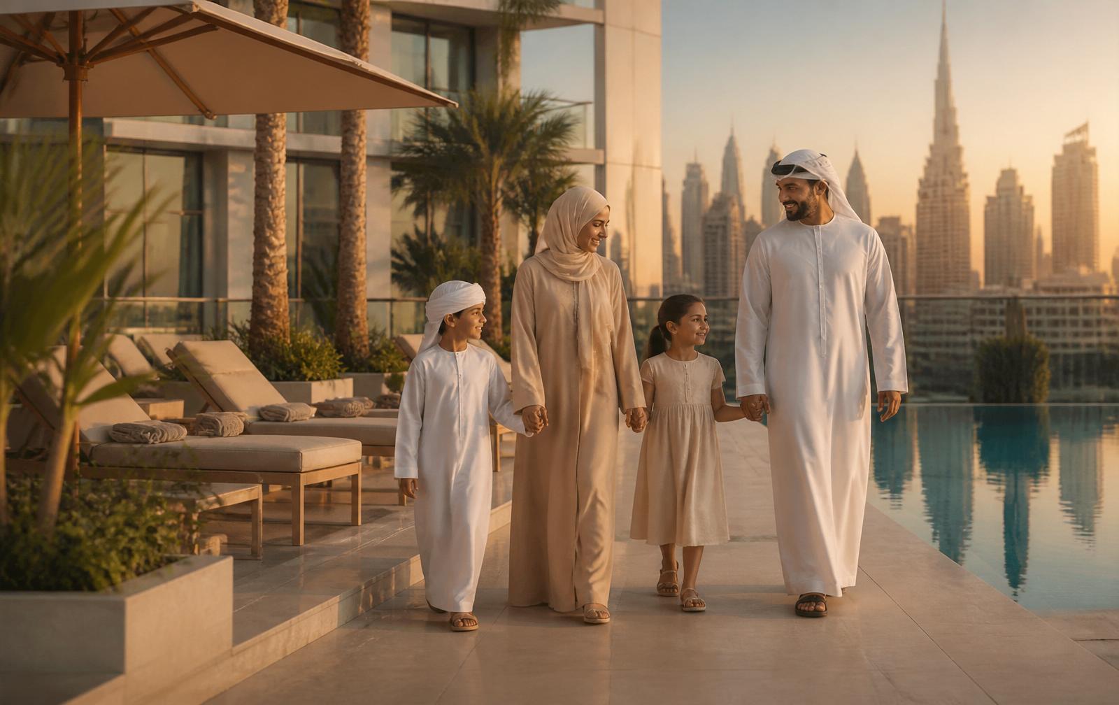 Family enjoying the pool deck at golden hour