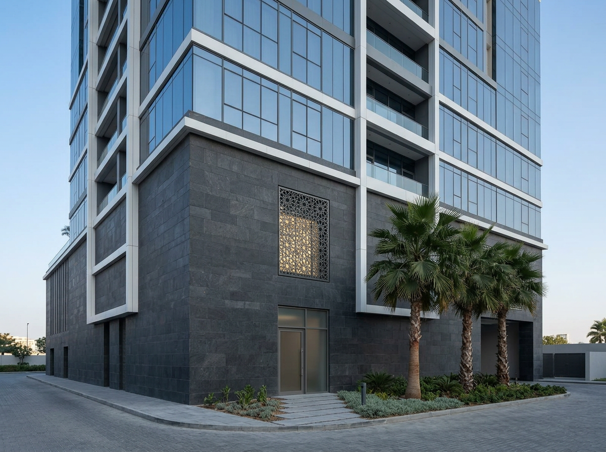 Illustrative exterior of the ground-floor residents' musallah entrance