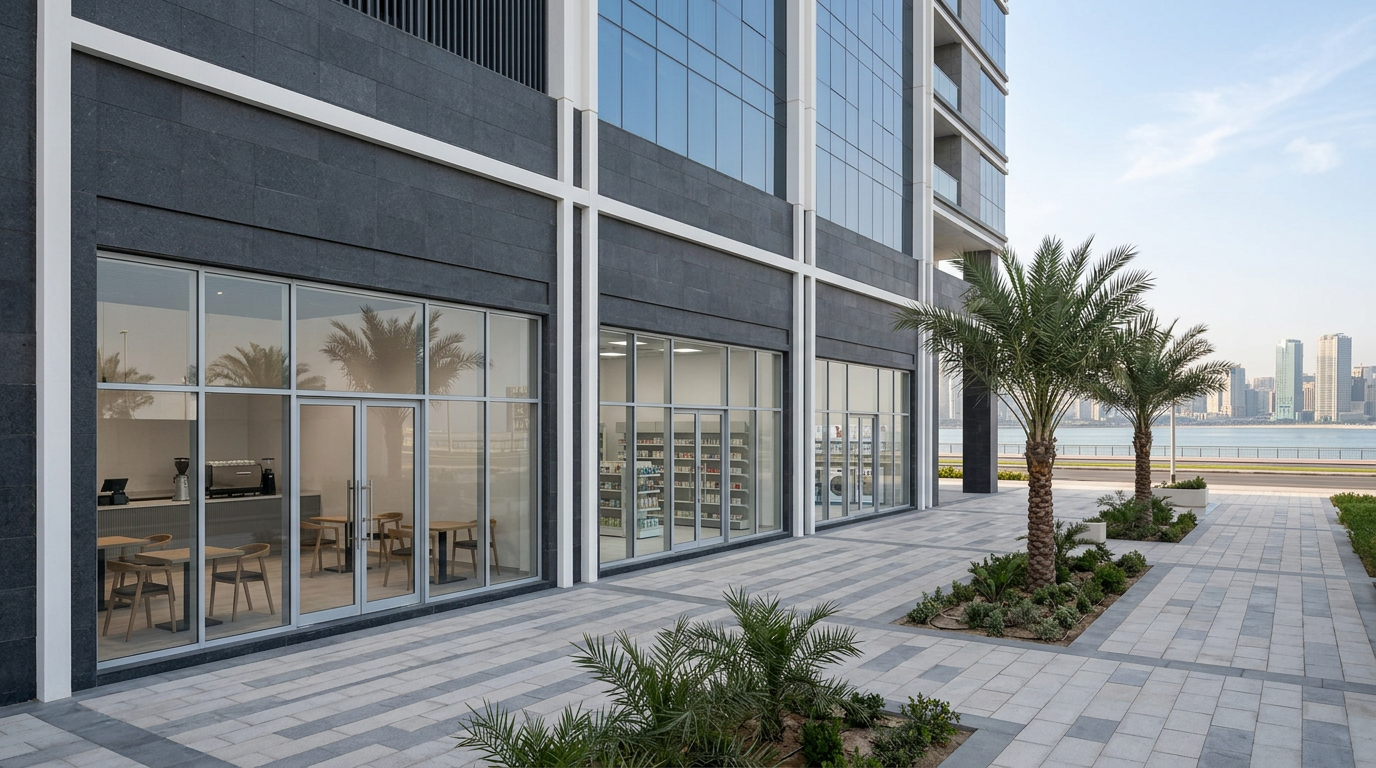 Illustrative ground-floor neighborhood retail frontage at Marsa Al Arab Tower